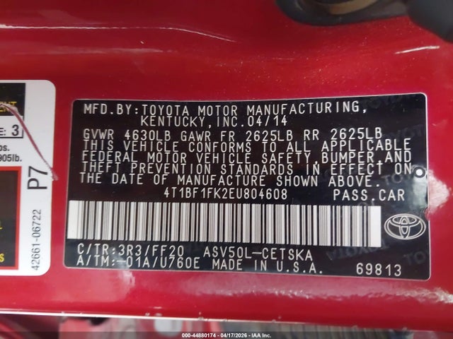 Продажа на аукционе авто 2014 Toyota Camry Se, vin: 4T1BF1FK2EU804608, номер лота: 44880174