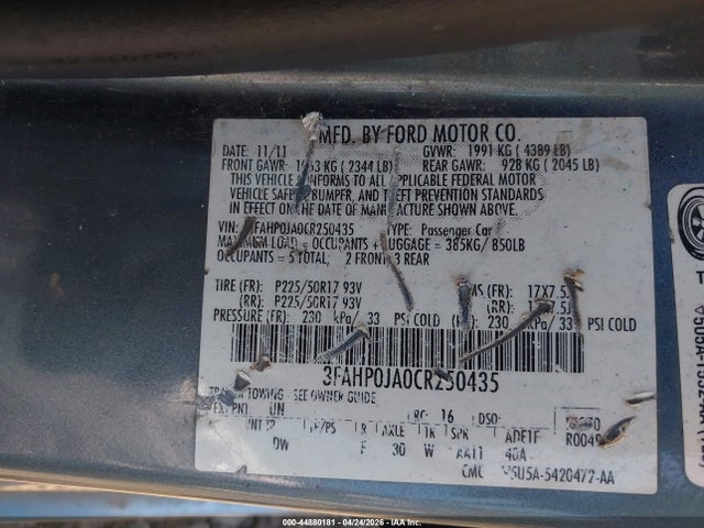 44880181 :رقم المزاد ، 3FAHP0JA0CR250435 vin ، 2012 Ford Fusion Sel مزاد بيع