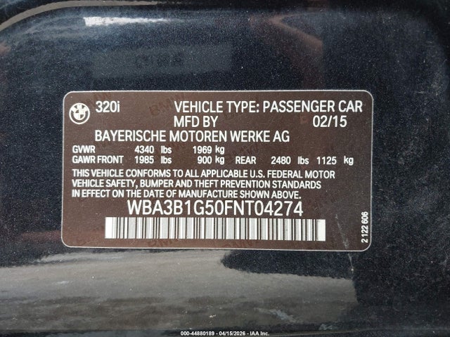 Продаж на аукціоні авто 2015 Bmw 320i, vin: WBA3B1G50FNT04274, номер лоту: 44880189