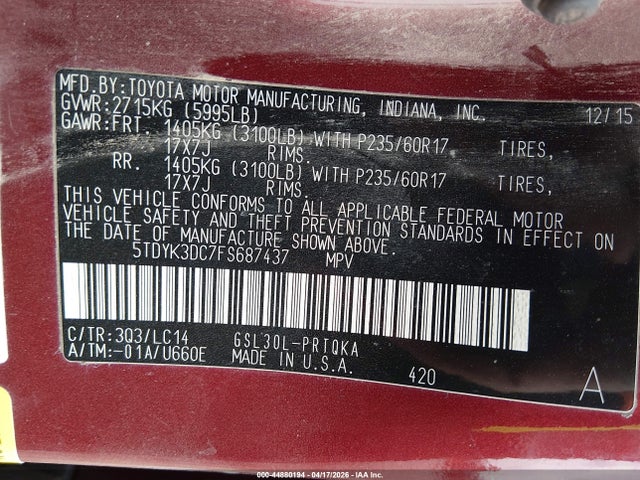 5TDYK3DC7FS687437 Toyota Sienna Xle 8 Passenger