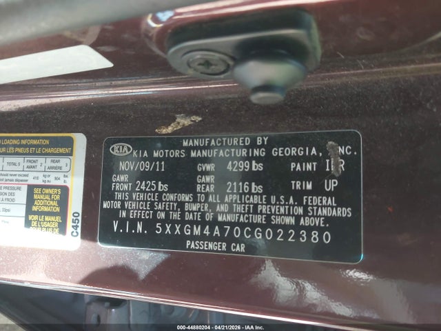 2012 Kia Optima Lx მანქანა იყიდება აუქციონზე, vin: 5XXGM4A70CG022380, აუქციონის ნომერი: 44880204