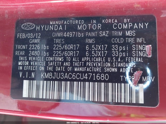 2012 Hyundai Tucson Gls მანქანა იყიდება აუქციონზე, vin: KM8JU3AC6CU471680, აუქციონის ნომერი: 44880212