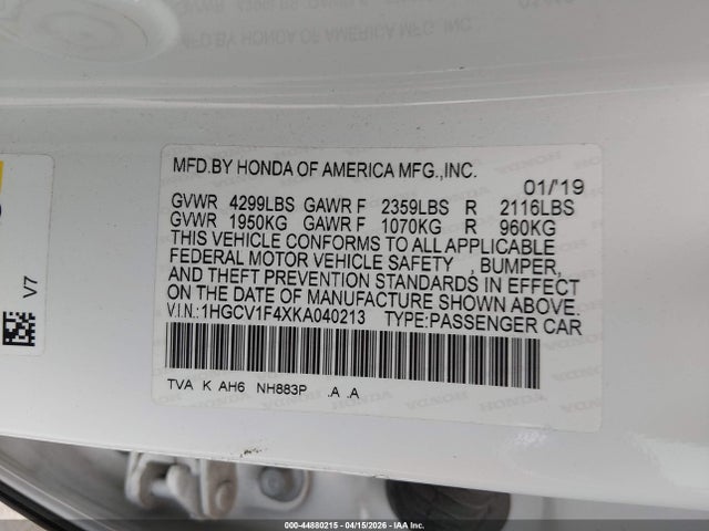 44880215 :رقم المزاد ، 1HGCV1F4XKA040213 vin ، 2019 Honda Accord Ex مزاد بيع