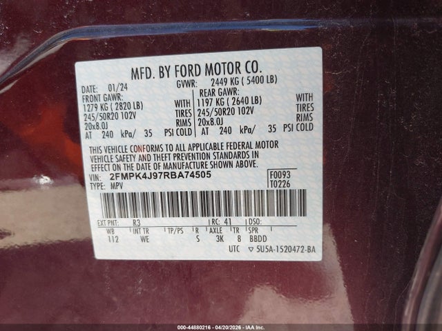 Продаж на аукціоні авто 2024 Ford Edge St-line, vin: 2FMPK4J97RBA74505, номер лоту: 44880216