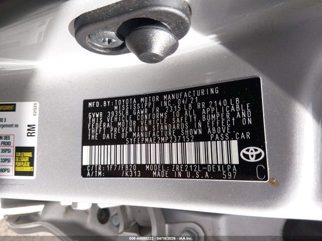 Aukcja sprzedaży 2021 Toyota Corolla Le, vin: 5YFEPMAE2MP237152, numer aukcji: 44880223