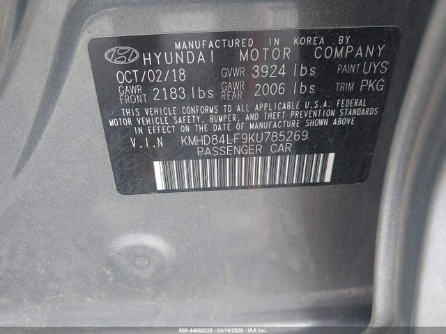 Aukcja sprzedaży 2019 Hyundai Elantra Value Edition, vin: KMHD84LF9KU785269, numer aukcji: 44880228