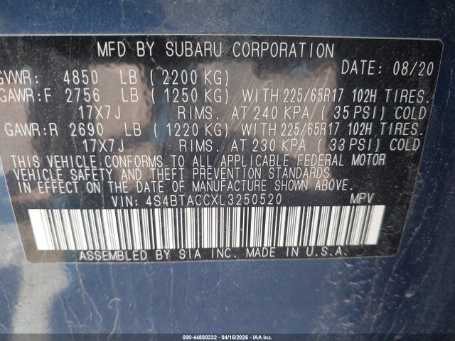 Продажа на аукционе авто 2020 Subaru Outback Premium, vin: 4S4BTACCXL3250520, номер лота: 44880232