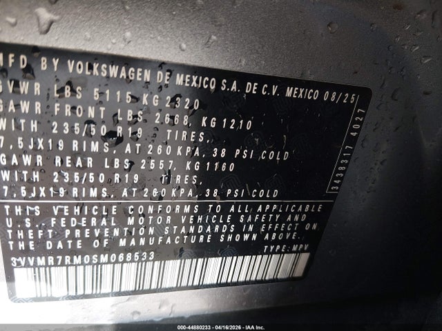 Aukcja sprzedaży 2025 Volkswagen Tiguan 2.0t Se, vin: 3VVMR7RM0SM068533, numer aukcji: 44880233