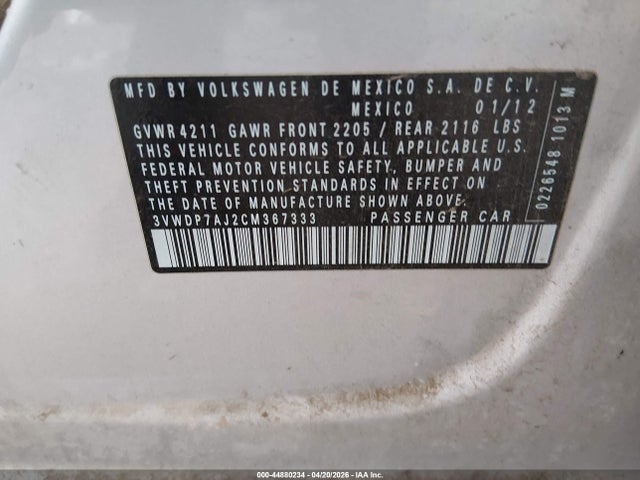 Продажа на аукционе авто 2012 Volkswagen Jetta 2.5l Se, vin: 3VWDP7AJ2CM367333, номер лота: 44880234