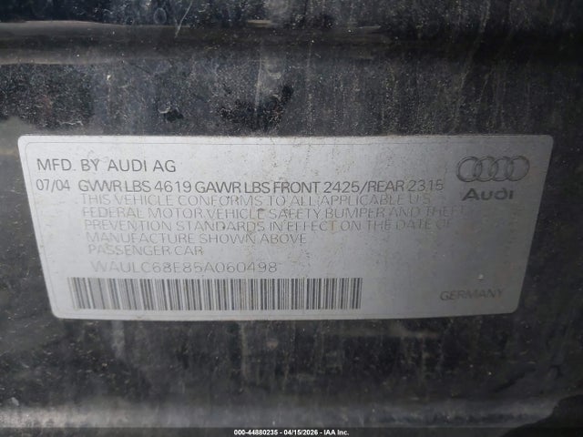 Aukcja sprzedaży 2005 Audi A4 1.8t, vin: WAULC68E85A060498, numer aukcji: 44880235
