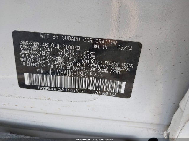 Aukcja sprzedaży 2024 Subaru Wrx Premium, vin: JF1VBAH68R9805225, numer aukcji: 44880243