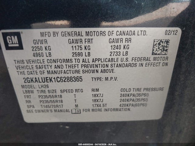 Продаж на аукціоні авто 2012 Gmc Terrain Slt-1, vin: 2GKALUEK1C6288365, номер лоту: 44880244