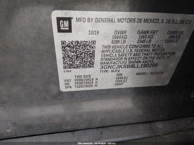 Aukcja sprzedaży 2020 Chevrolet Trax Fwd Ls, vin: 3GNCJKSB8LL190200, numer aukcji: 44880246
