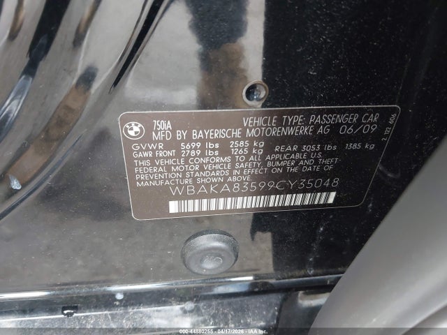 2009 Bmw 750i მანქანა იყიდება აუქციონზე, vin: WBAKA83599CY35048, აუქციონის ნომერი: 44880255