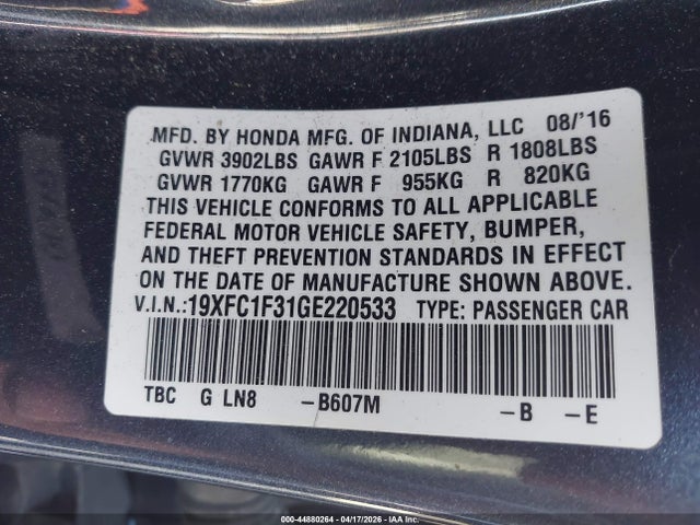 44880264 :رقم المزاد ، 19XFC1F31GE220533 vin ، 2016 Honda Civic Ex-t مزاد بيع
