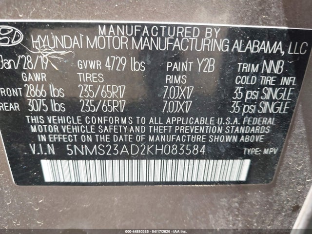 44880265 :رقم المزاد ، 5NMS23AD2KH083584 vin ، 2019 Hyundai Santa Fe Se مزاد بيع
