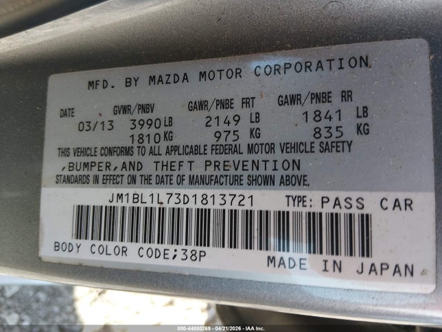 Aukcja sprzedaży 2013 Mazda Mazda3 I Touring, vin: JM1BL1L73D1813721, numer aukcji: 44880269