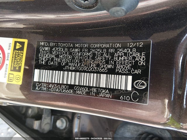 Aukcja sprzedaży 2013 Lexus Es 350, vin: JTHBK1GG9D2037665, numer aukcji: 44880270