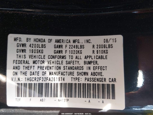 Aukcja sprzedaży 2015 Honda Accord Lx, vin: 1HGCR2F32FA261974, numer aukcji: 44880287