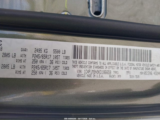 Aukcja sprzedaży 2019 Jeep Cherokee Trailhawk 4x4, vin: 1C4PJMBN9KD186659, numer aukcji: 44880288