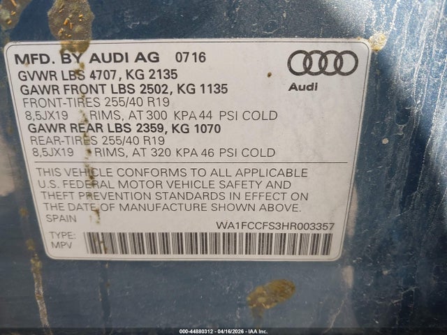 2017 Audi Q3 2.0t Premium მანქანა იყიდება აუქციონზე, vin: WA1FCCFS3HR003357, აუქციონის ნომერი: 44880312