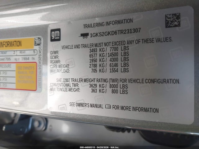 44880315 :رقم المزاد ، 1GKS2GKD6TR231307 vin ، 2026 Gmc Yukon Xl 4wd Elevation مزاد بيع