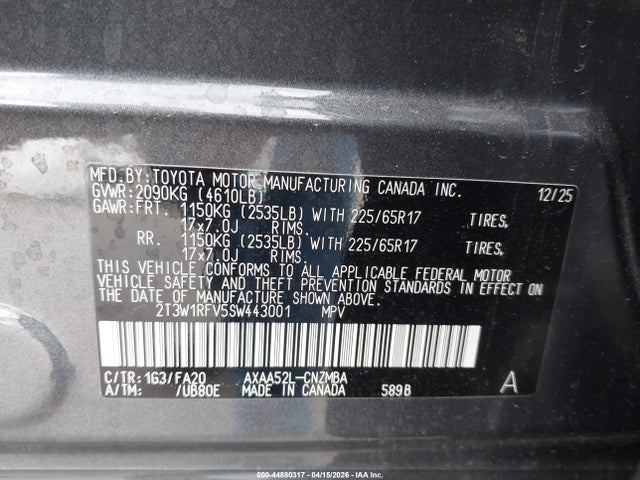 44880317 :رقم المزاد ، 2T3W1RFV5SW443001 vin ، 2025 Toyota Rav4 Xle مزاد بيع