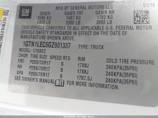 Aukcja sprzedaży 2016 Gmc Sierra 1500, vin: 1GTN1LEC6GZ901337, numer aukcji: 44880325