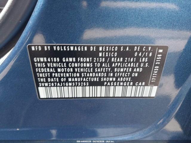 2016 Volkswagen Jetta 1.4t S მანქანა იყიდება აუქციონზე, vin: 3VW267AJ1GM373253, აუქციონის ნომერი: 44880329