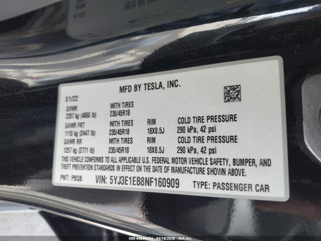 Tesla Model 3 Long Range Dual Motor All-wheel Drive 2022 5YJ3E1EB8NF160909 Image 9