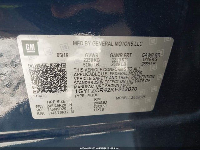 44880373 :رقم المزاد ، 1GYFZCR42KF212870 vin ، 2019 Cadillac Xt4 Premium Luxury مزاد بيع