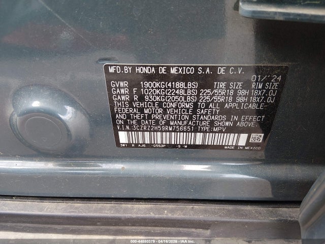2024 Honda Hr-v Awd Sport/awd Sport W/o Bsi მანქანა იყიდება აუქციონზე, vin: 3CZRZ2H59RM756651, აუქციონის ნომერი: 44880379