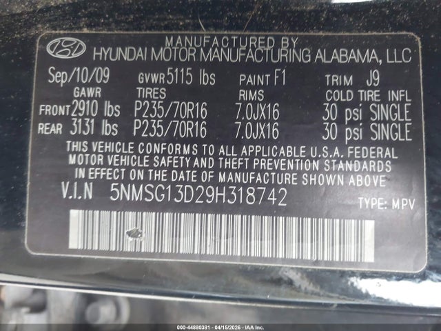 2009 HYUNDAI SANTA FE 5NMSG13D29H318742 Photo 8