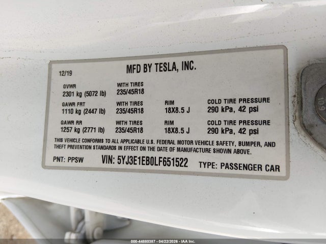Aukcja sprzedaży 2020 Tesla Model 3 Long Range Dual Motor All-wheel Drive, vin: 5YJ3E1EB0LF651522, numer aukcji: 44880387