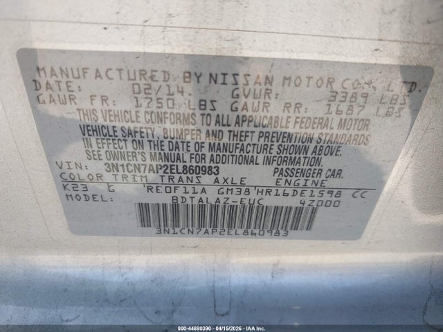 3N1CN7AP2EL860983 Nissan Versa 1.6 S+