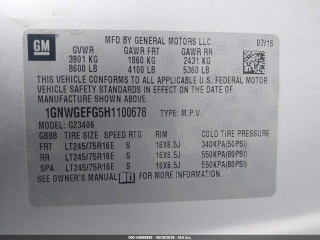 1GNWGEFG5H1100678 Chevrolet Express 2500 Ls