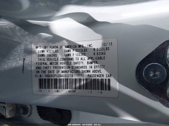 44880394 :رقم المزاد ، 1HGCR2F50GA055278 vin ، 2016 Honda Accord Sport مزاد بيع