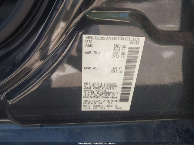 Продаж на аукціоні авто 2019 Nissan Altima 2.5 Sl, vin: 1N4BL4EV2KC236930, номер лоту: 44880397