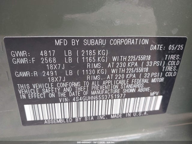 Aukcja sprzedaży 2025 Subaru Crosstrek Limited, vin: 4S4GUHN65S3751977, numer aukcji: 44880401