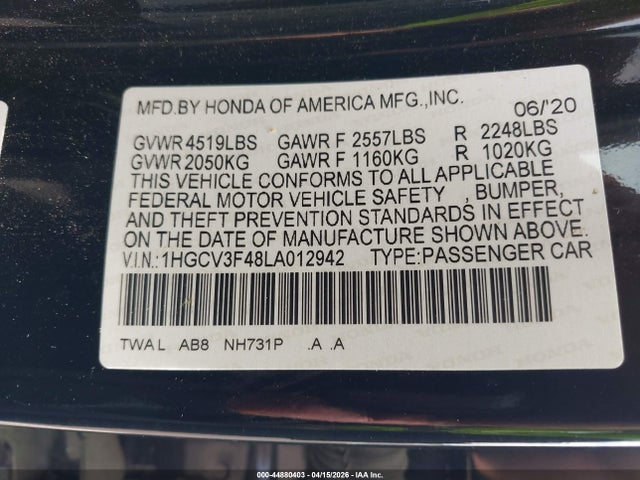 1HGCV3F48LA012942 Honda Accord Hybrid Ex