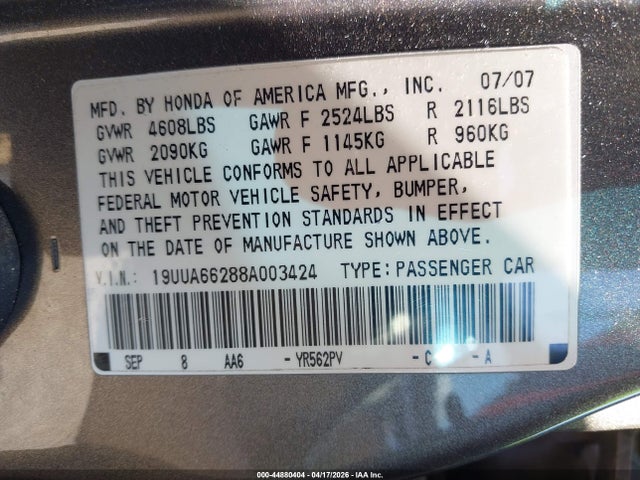 2008 ACURA TL 19UUA66288A003424 Photo 8