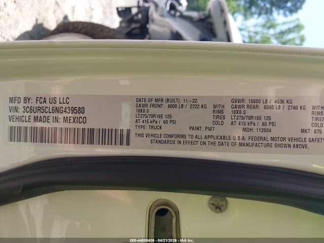 2022 Ram 2500 Tradesman  4x4 6'4 Box მანქანა იყიდება აუქციონზე, vin: 3C6UR5CL6NG439580, აუქციონის ნომერი: 44880406