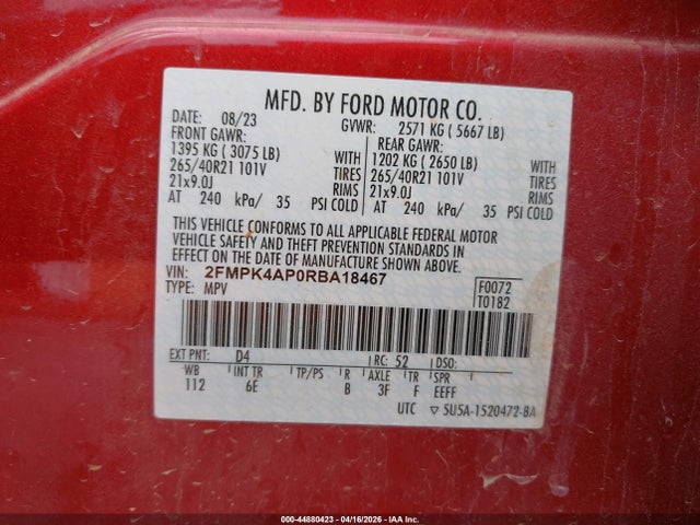 Aukcja sprzedaży 2024 Ford Edge St, vin: 2FMPK4AP0RBA18467, numer aukcji: 44880423