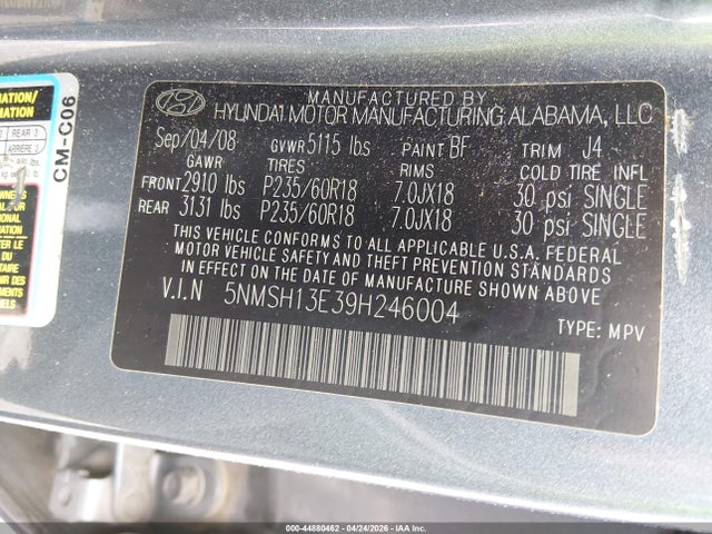 Aukcja sprzedaży 2009 Hyundai Santa Fe Se, vin: 5NMSH13E39H246004, numer aukcji: 44880462