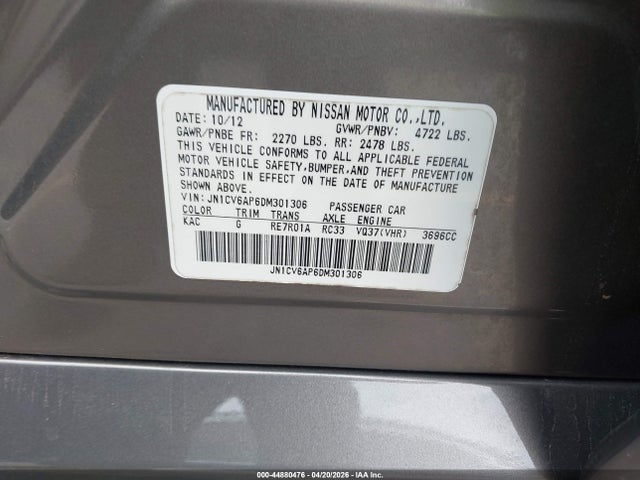 2013 Infiniti G37 Journey მანქანა იყიდება აუქციონზე, vin: JN1CV6AP6DM301306, აუქციონის ნომერი: 44880476