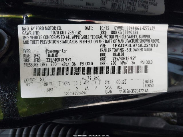 2016 Ford Focus St მანქანა იყიდება აუქციონზე, vin: 1FADP3L97GL221618, აუქციონის ნომერი: 44880481