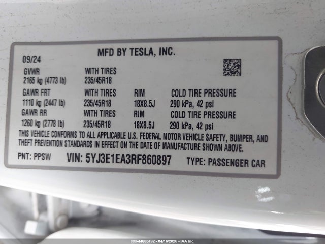 Продаж на аукціоні авто 2024 Tesla Model 3 Long Range Dual Motor All-wheel Drive/rear-wheel Drive, vin: 5YJ3E1EA3RF860897, номер лоту: 44880492