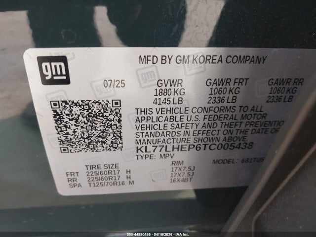 Aukcja sprzedaży 2026 Chevrolet Trax Fwd Lt, vin: KL77LHEP6TC005438, numer aukcji: 44880495