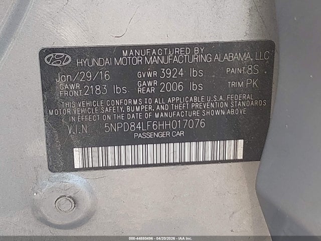 44880496 :رقم المزاد ، 5NPD84LF6HH017076 vin ، 2017 Hyundai Elantra Se مزاد بيع