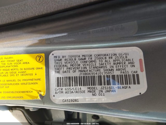 Aukcja sprzedaży 2001 Lexus Gs 300, vin: JT8BD69S410135857, numer aukcji: 44880499